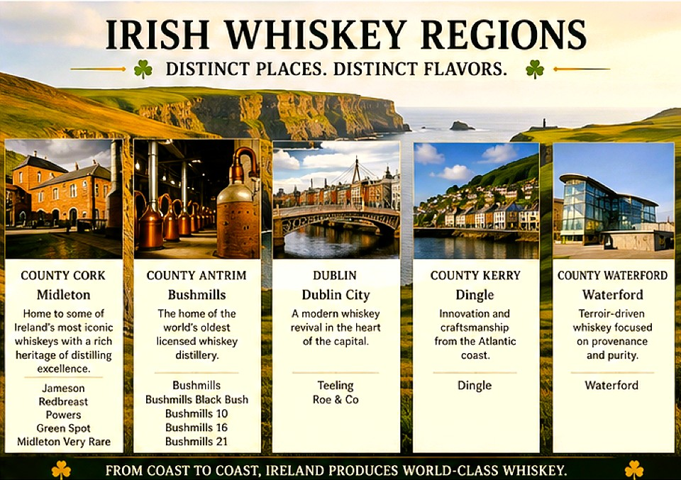 Irish whiskey regions including County Cork, County Antrim, Dublin, County Kerry and County Waterford with famous distilleries and brands