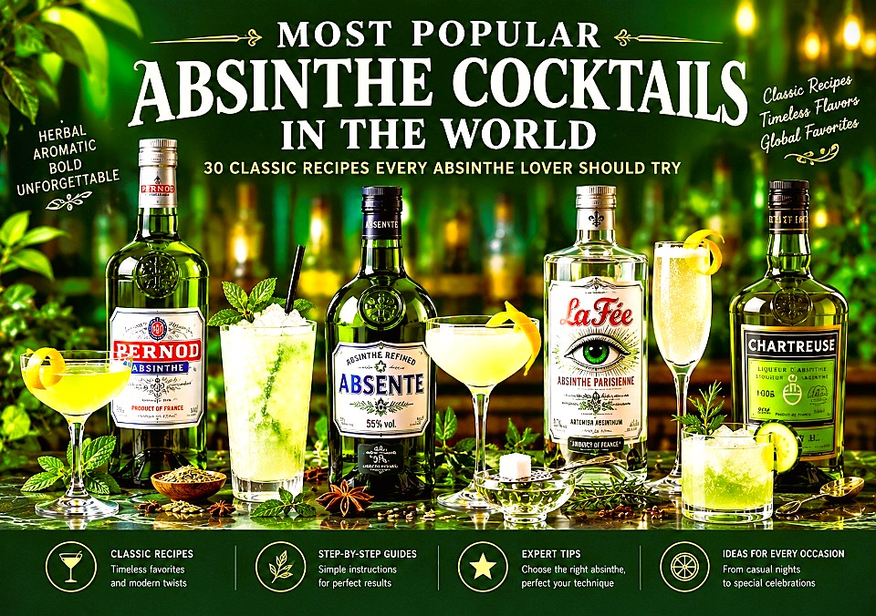Most popular absinthe cocktails in the world including Sazerac, Corpse Reviver No. 2, Absinthe Frappé, Death in the Afternoon, Absinthe Sour and Absinthe Martini