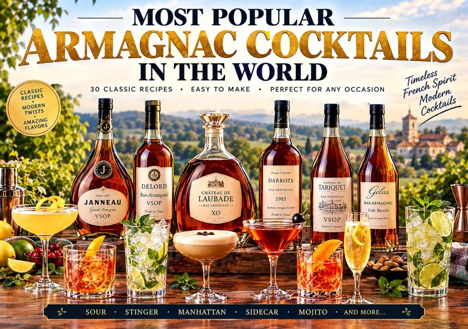 Most popular Armagnac cocktails in the world including Armagnac Sour, Stinger, Ar’Margarita, Blanche Mojito, Sazerac, Sidecar and Armagnac Old Fashioned