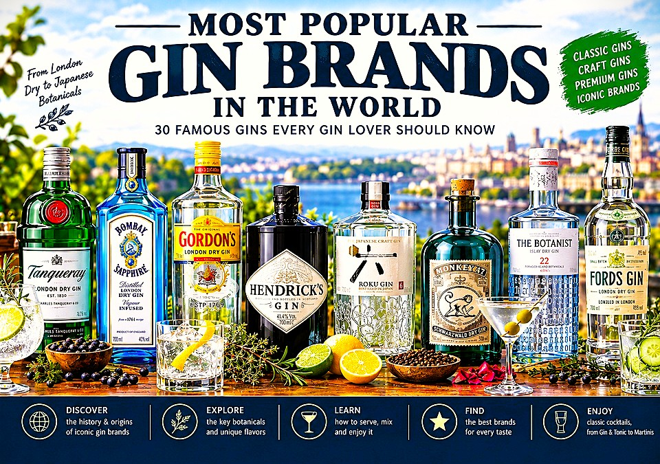 Most popular gin brands in the world including Gordon's, Tanqueray, Ginebra San Miguel, Bombay Sapphire, Beefeater, Hendrick's, Roku, Monkey 47 and Fords
