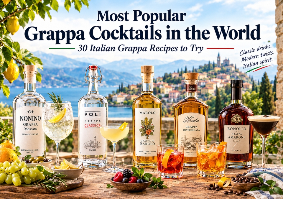 Most popular grappa cocktails in the world including Grappa Tonic, Grappa Sour, Grappa Spritz, Grappa Espresso, Basil Smash, Negroni and Old Fashioned
