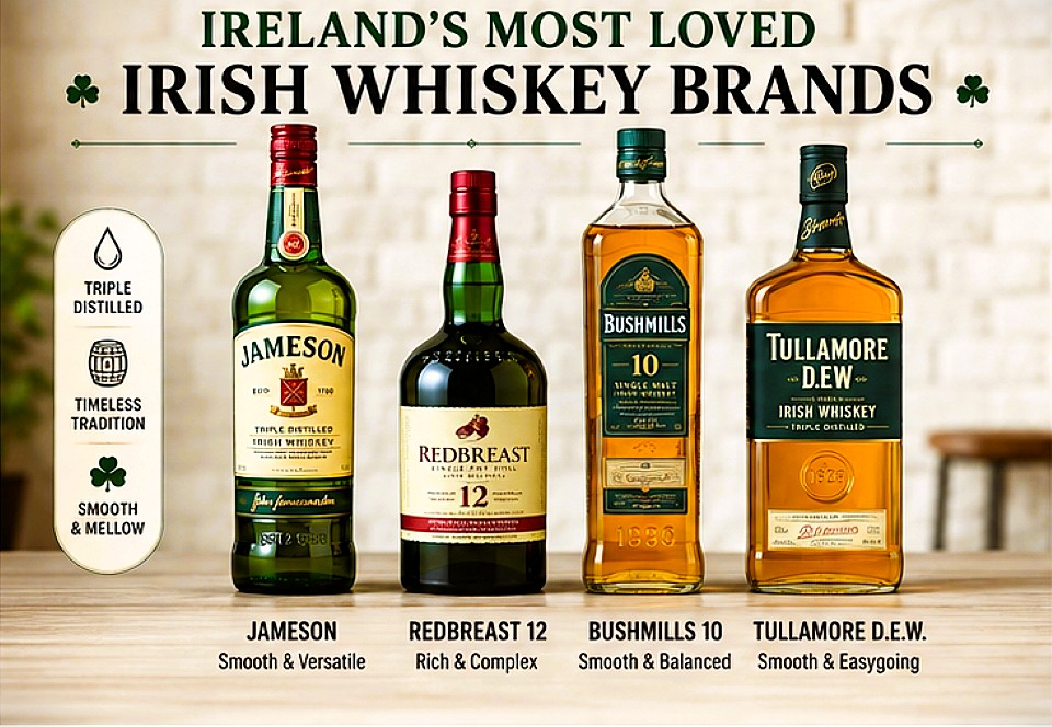 Popular Irish whiskey brands including Jameson, Redbreast, Bushmills and Tullamore D.E.W.