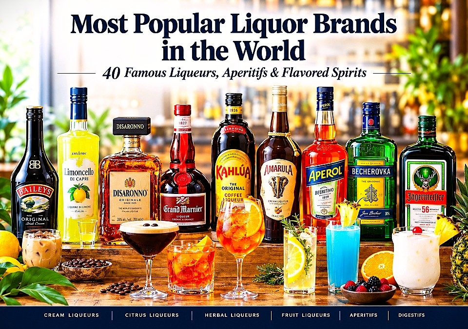 Most popular liquor and liqueur brands in the world including Baileys, Limoncello, Disaronno, Grand Marnier, Kahlúa, Aperol, Campari, Cointreau and St-Germain