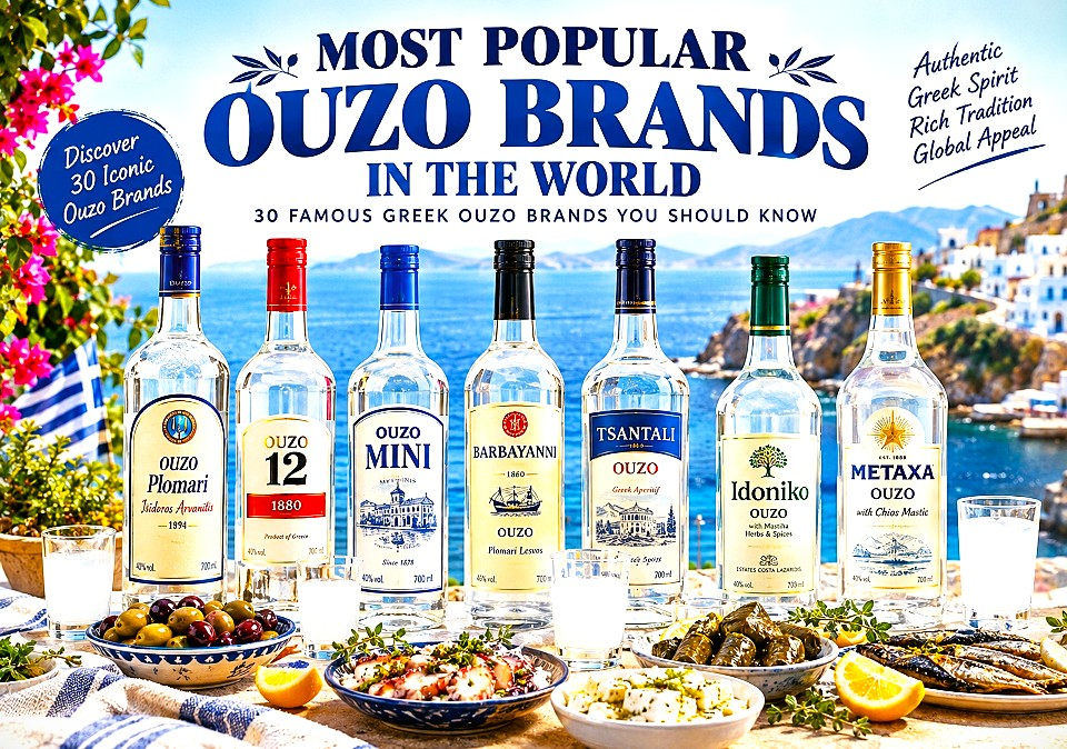 Most popular ouzo brands in the world including Ouzo Plomari, Ouzo 12, Mini, Barbayanni, Tsantali, Babatzim, Pilavas and Idoniko