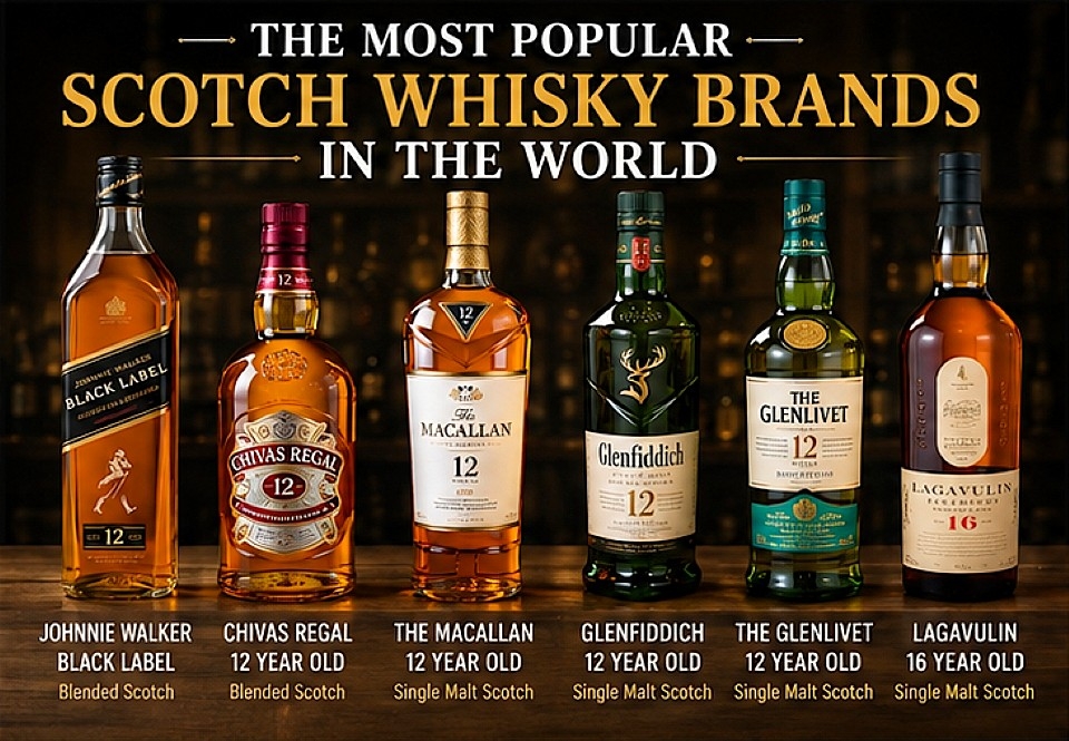 Most popular Scotch whisky brands including Johnnie Walker, Chivas Regal, The Macallan, Glenfiddich, The Glenlivet and Lagavulin