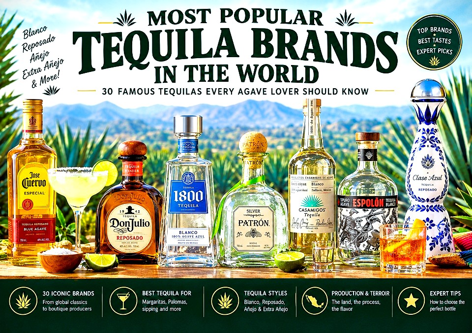 Most popular tequila brands in the world including José Cuervo, Don Julio, 1800 Tequila, Patrón, Casamigos, Espolòn, Ocho, Fortaleza and Clase Azul