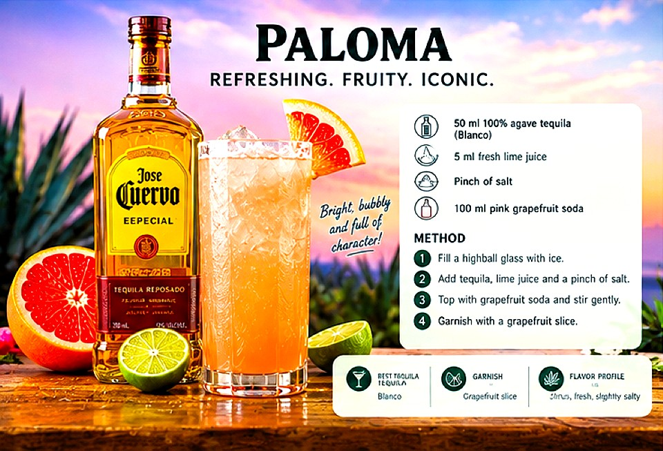 Paloma tequila cocktail recipe with Blanco tequila, grapefruit soda, fresh lime juice, salt and grapefruit garnish