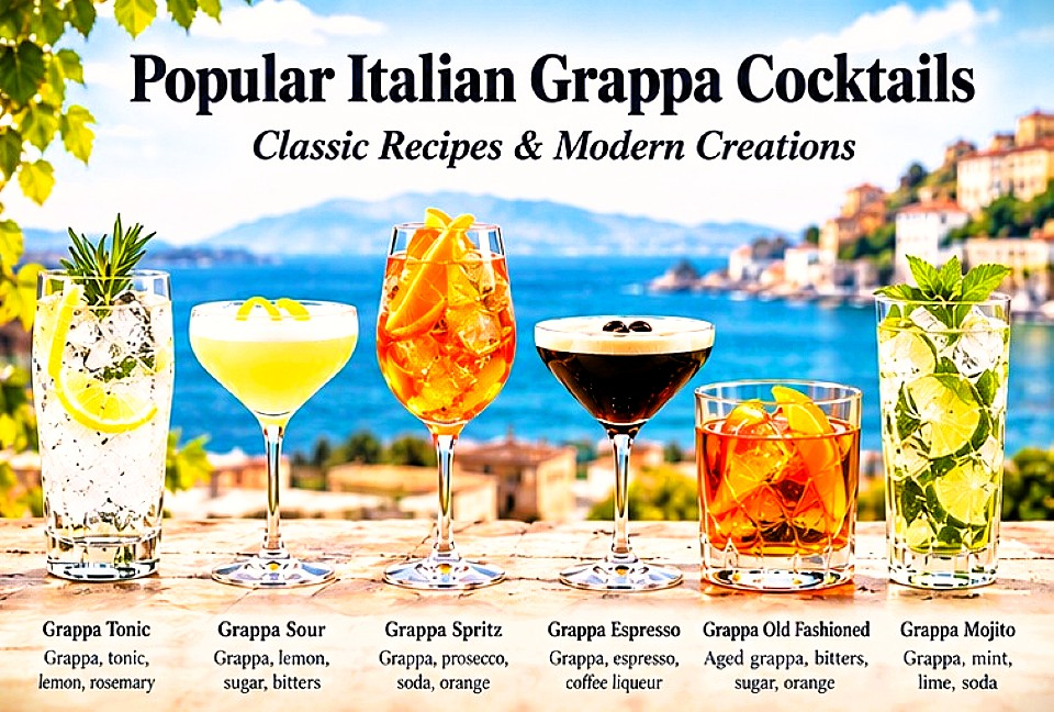 Popular Italian grappa cocktails including Grappa Tonic, Grappa Sour, Grappa Spritz, Grappa Espresso, Grappa Old Fashioned and Grappa Mojito