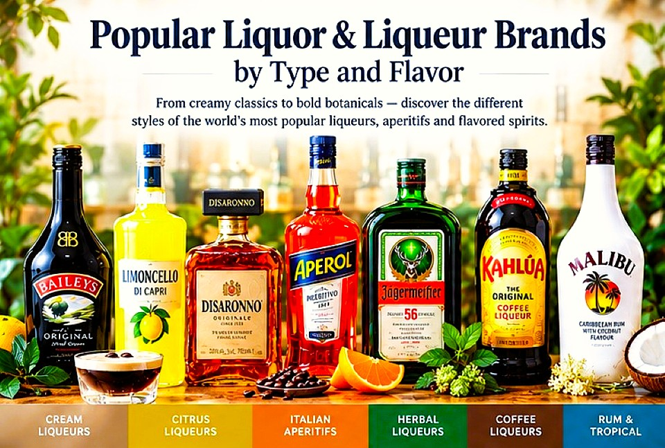 Popular liquor and liqueur brands by type and flavor including Baileys, Limoncello, Disaronno, Aperol, Jägermeister, Kahlúa and Malibu