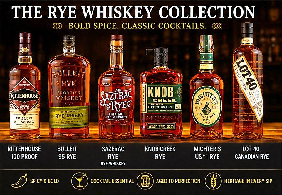 Popular rye whiskey brands including Rittenhouse Rye, Bulleit Rye, Sazerac Rye, Knob Creek Rye, Michter's Rye and Lot 40