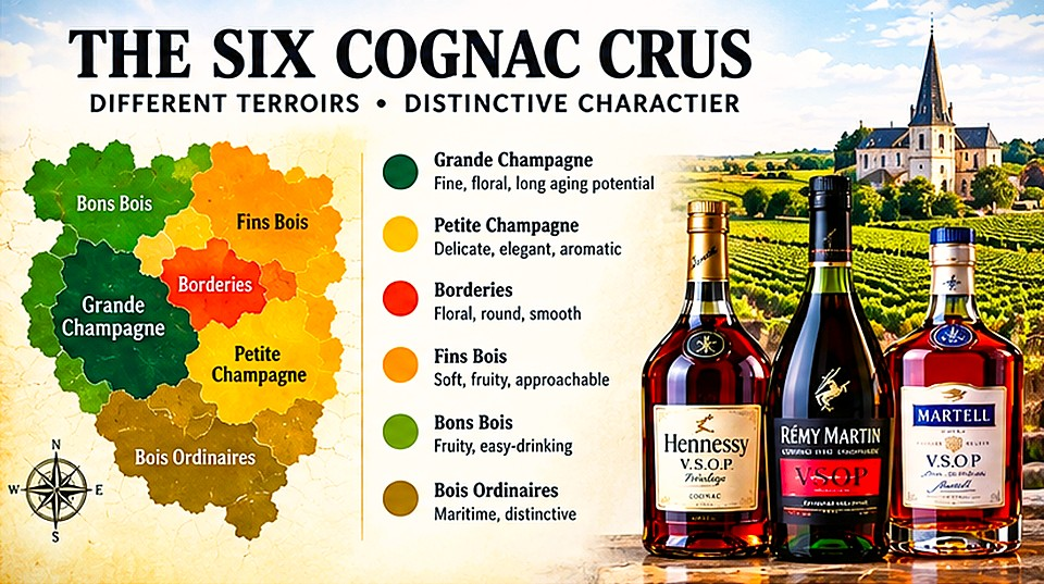 The six Cognac crus including Grande Champagne, Petite Champagne, Borderies, Fins Bois, Bons Bois and Bois Ordinaires with Cognac terroir map