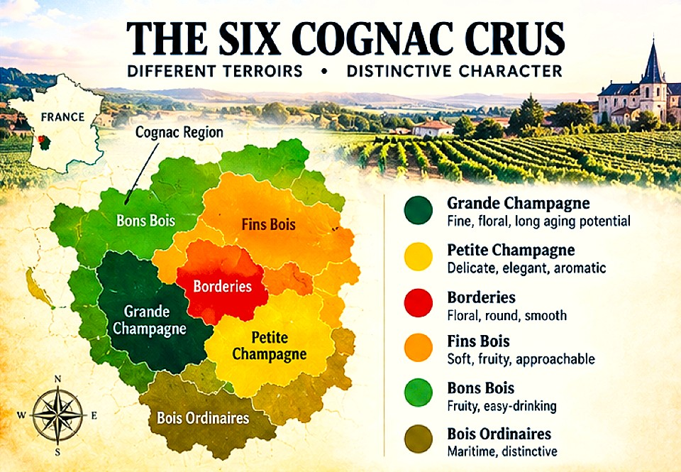 Map of the six Cognac crus including Grande Champagne, Petite Champagne, Borderies, Fins Bois, Bons Bois and Bois Ordinaires