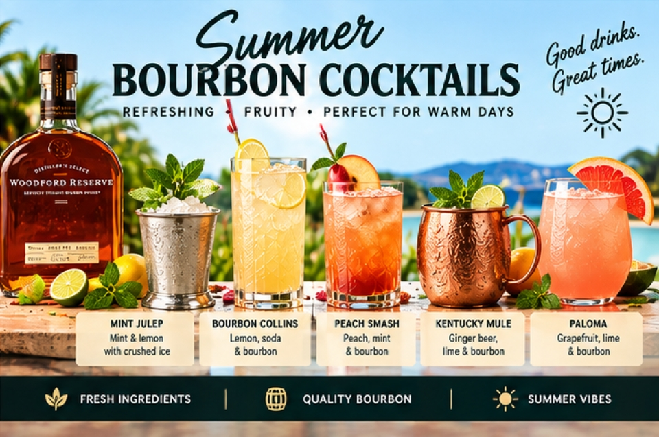 Summer bourbon cocktails including Mint Julep, Bourbon Collins, Peach Smash, Kentucky Mule and Bourbon Paloma