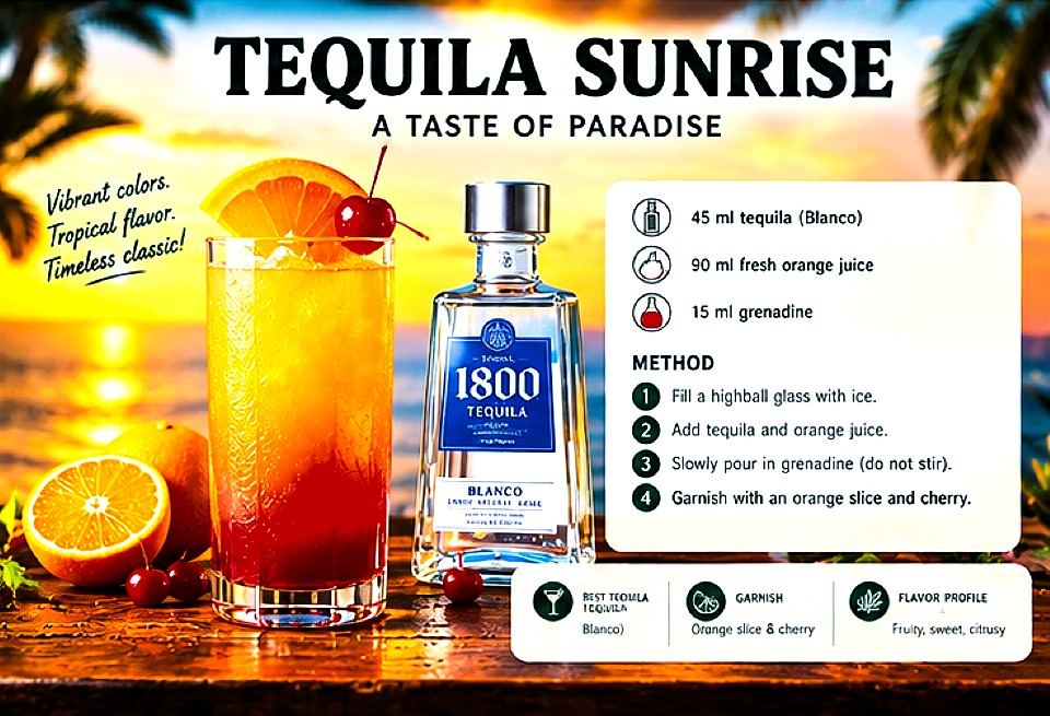 Tequila Sunrise cocktail recipe with Blanco tequila, fresh orange juice, grenadine, orange garnish and cherry