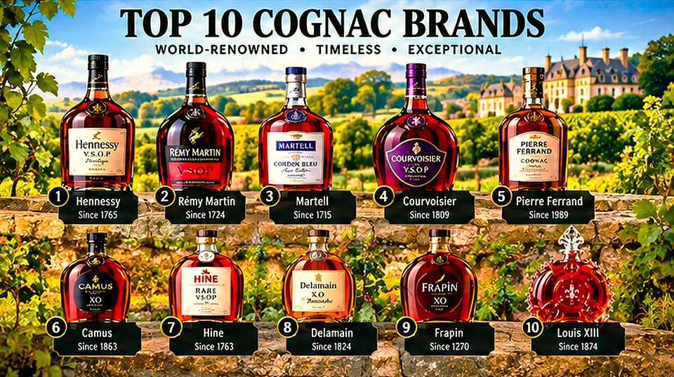 Top Cognac brands in the world including Hennessy, Rémy Martin, Martell, Courvoisier, Pierre Ferrand, Camus, Hine, Delamain and Frapin