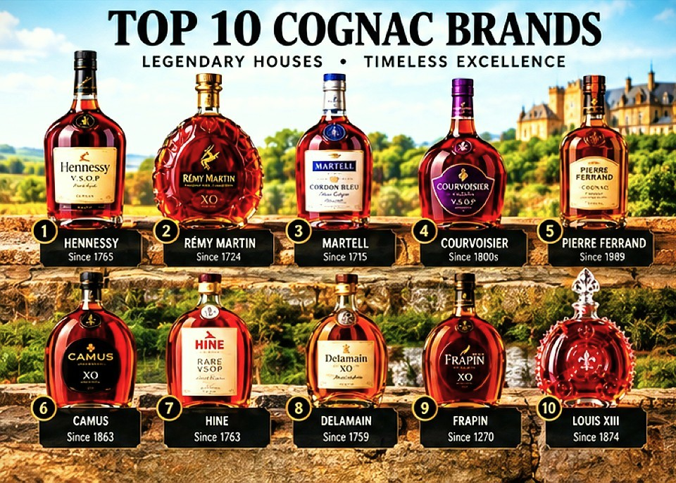 Top Cognac brands in the world including Hennessy, Rémy Martin, Martell, Courvoisier, Pierre Ferrand, Camus, Hine, Delamain and Frapin