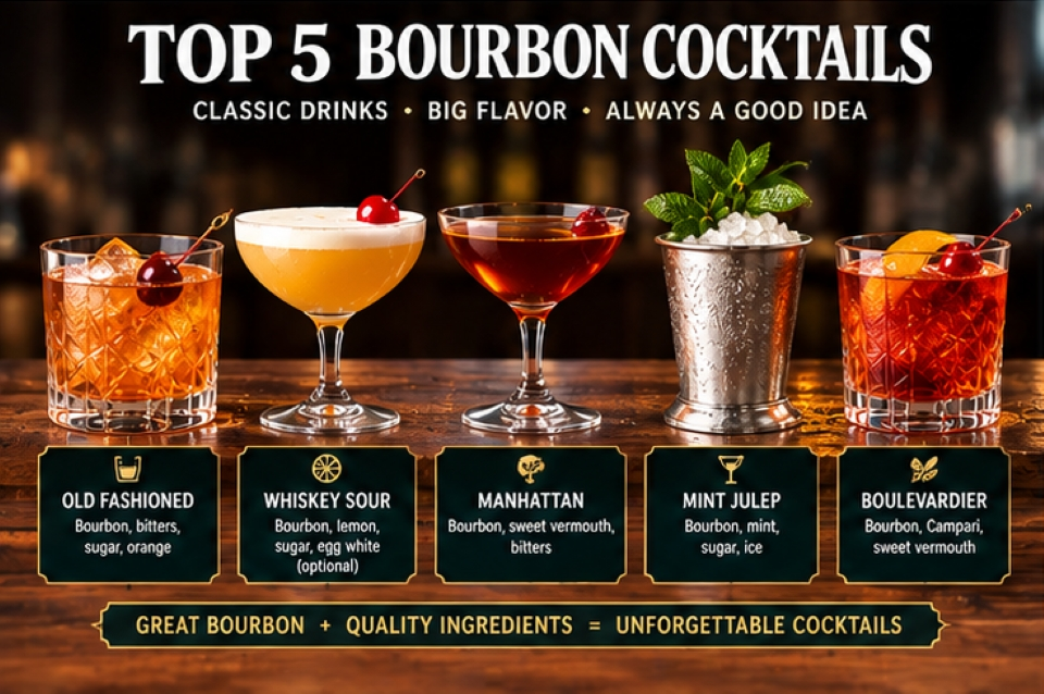 Top five bourbon cocktails including Old Fashioned, Whiskey Sour, Manhattan, Mint Julep and Boulevardier