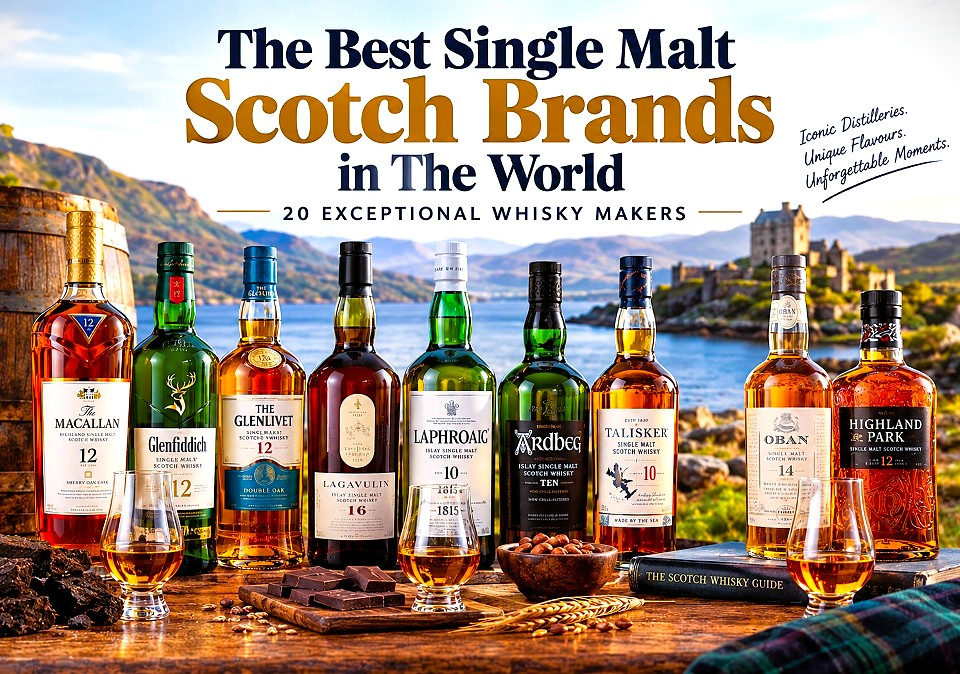 A selection of single malt Scotch whisky bottles, including iconic Speyside and Islay styles, displayed against a scenic Scottish Highland landscape, Best Single Malt Scotch Brands in the World, best single malt Scotch, best Scotch whisky brands, top single malt whisky brands, best Scotch whisky for beginners, Speyside single malt Scotch, Highland single malt Scotch, Islay single malt Scotch, Campbeltown single malt whisky, best peated Scotch whisky, best sherry-cask Scotch whisky, Glenfiddich single malt, The Glenlivet whisky, The Macallan single malt, Lagavulin Scotch whisky, Laphroaig single malt, Ardbeg Scotch whisky, single malt Scotch whisky guide, single malt Scotch whisky regions, single malt Scotch whisky in Canada, single malt Scotch whisky Toronto