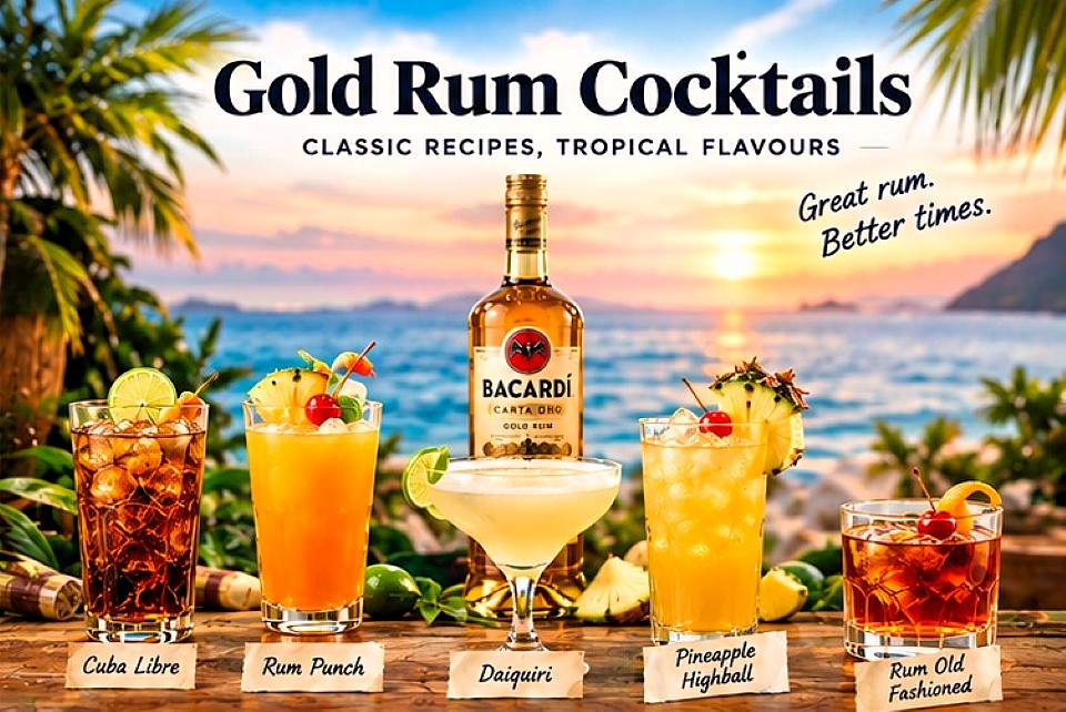 Gold rum cocktails including a Cuba Libre, rum punch, Daiquiri variation, pineapple highball, and rum Old Fashioned arranged on a tropical bar.