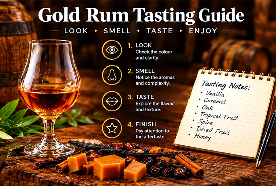 Amber rum in a tasting glass beside a tasting guide highlighting aroma, flavour, vanilla, caramel, oak, tropical fruit, spice, and finish.