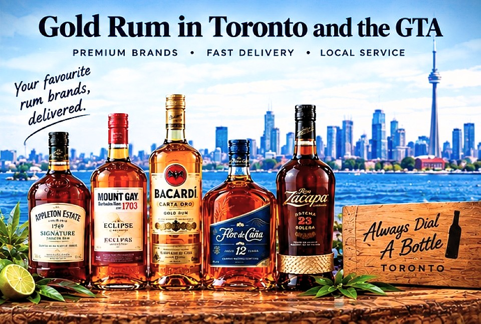 Gold rum bottles displayed against the Toronto skyline, illustrating gold rum brands and the Toronto and Greater Toronto Area market.