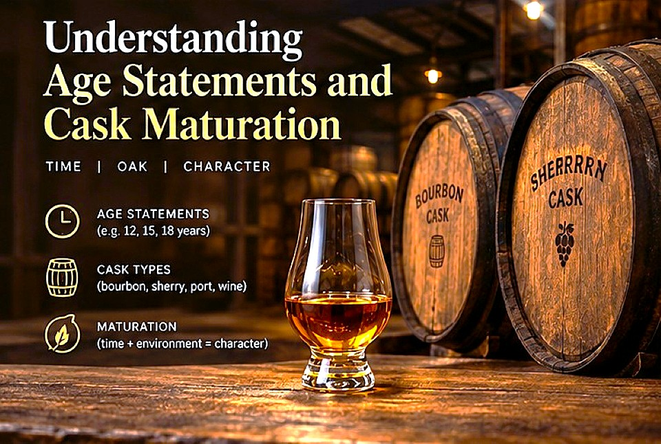 A glass of Scotch whisky beside oak maturation casks illustrating whisky age statements and cask influence.