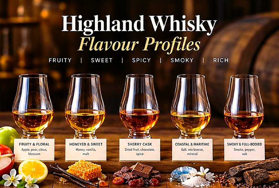 Five glasses of Highland Scotch whisky illustrating fruity, sweet, spicy, smoky and rich flavour profiles.