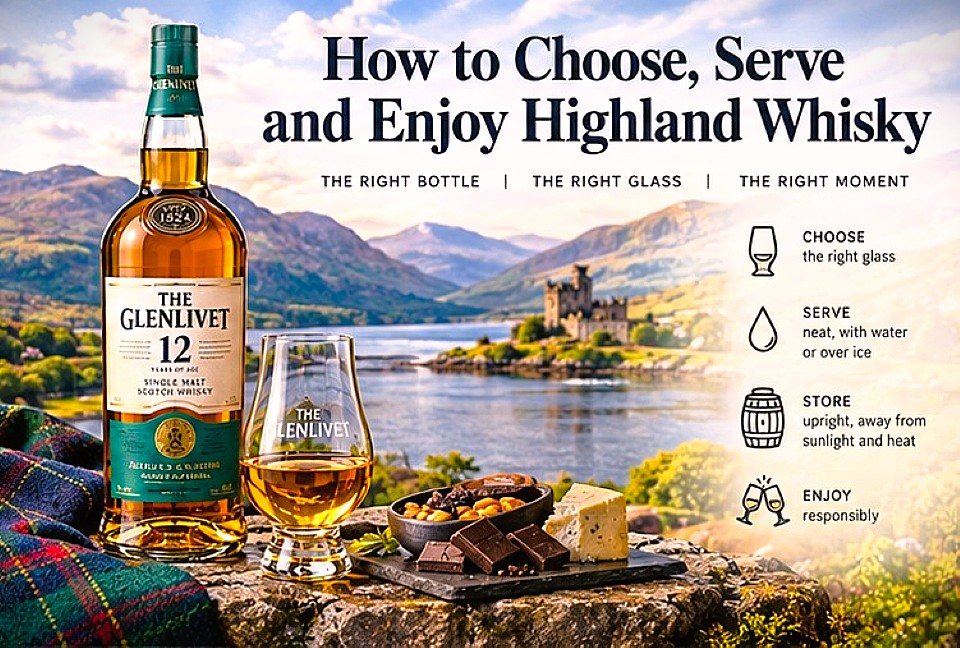 A Highland single malt Scotch whisky bottle and tasting glass overlooking a scenic Scottish landscape.