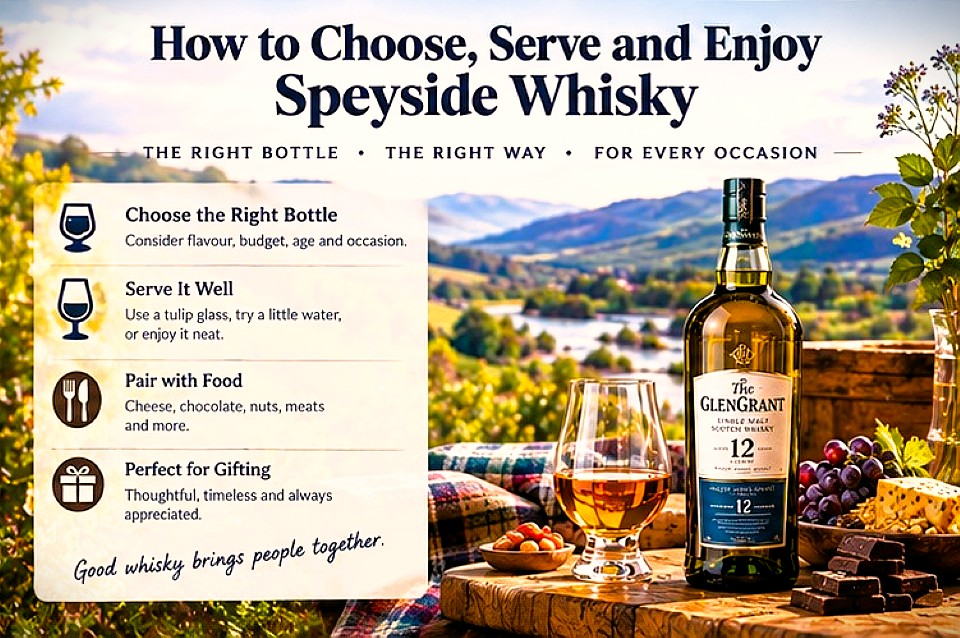 A Speyside single malt Scotch whisky bottle and tasting glass overlooking a Scottish landscape, illustrating whisky serving and enjoyment.