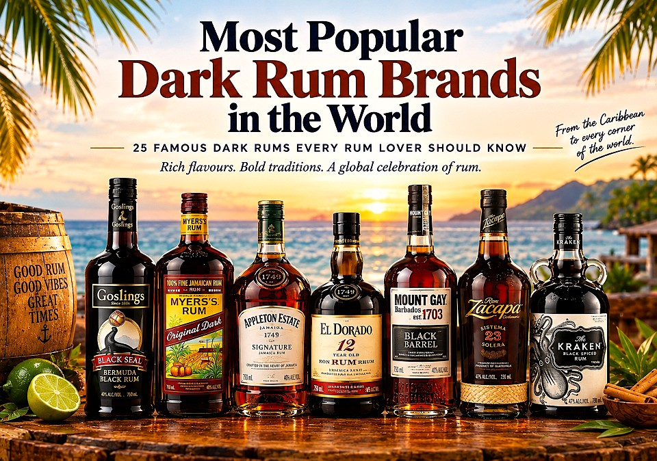 Most Popular Dark Rum Brands in the World, Dark rum bottles from Goslings, Myers’s, Appleton Estate, El Dorado, Mount Gay, Ron Zacapa, and Kraken against a tropical sunset, best dark rum brands, popular dark rum brands, black rum brands, best dark rum for cocktails, best dark rum for sipping, aged rum brands, Jamaican dark rum, Demerara rum, dark rum for Dark ’n’ Stormy, dark rum for rum punch, dark rum brands Canada, dark rum Toronto, rum delivery Toronto.