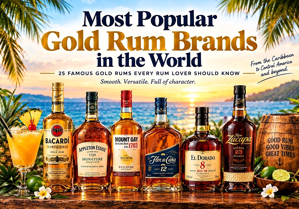 Most Popular Gold Rum Brands in the World. Premium gold rum bottles from BACARDÍ, Appleton Estate, Mount Gay, Flor de Caña, El Dorado, and Ron Zacapa displayed against a tropical sunset. best gold rum brands, popular gold rum, gold rum brands, amber rum brands, best gold rum for cocktails, gold rum for sipping, aged gold rum, Caribbean gold rum, Jamaican gold rum, best rum for rum punch, gold rum for Cuba Libre, gold rum Canada, gold rum Toronto, rum delivery Toronto.