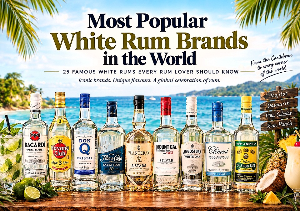 25 Most Popular White Rum Brands in the World, including Bacardi, Havana Club, Don Q, Flor de Caña, Planteray, Mount Gay, Clément and Wray & Nephew.