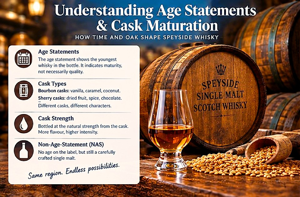 A glass of Scotch whisky beside oak maturation casks illustrating age statements, cask types and whisky maturation.