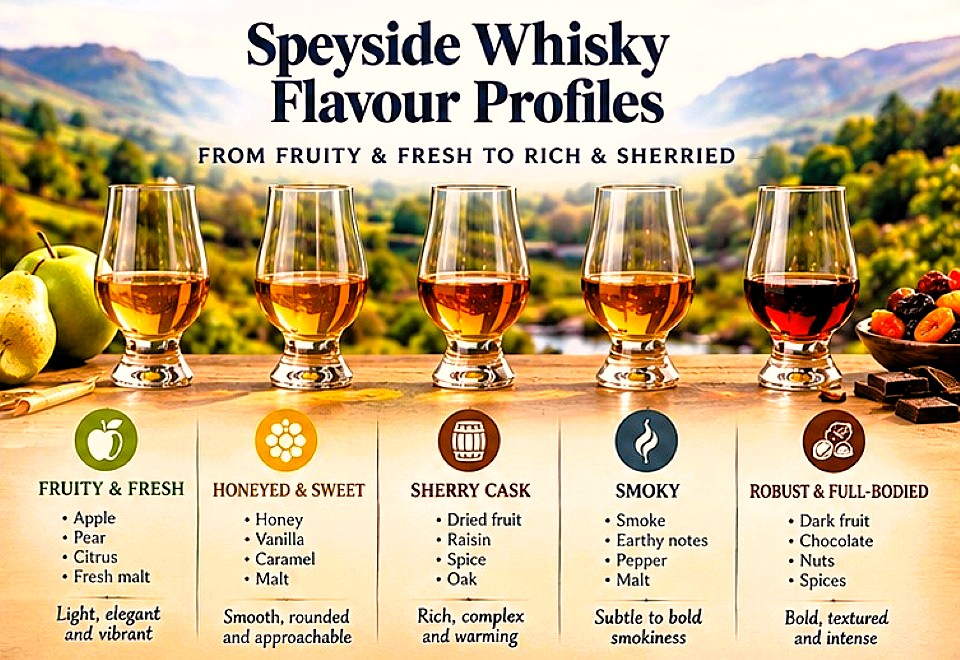 Speyside whisky tasting glasses illustrating fruity, honeyed, sherry-cask, smoky and full-bodied flavour profiles.