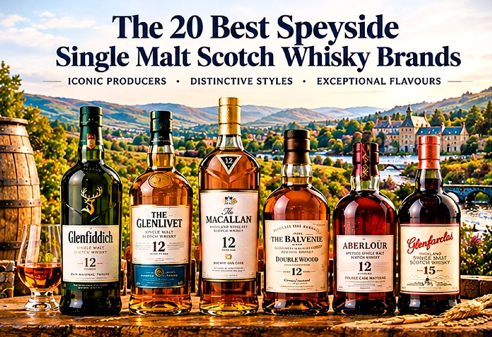 A selection of Speyside single malt Scotch whisky bottles representing established distilleries and distinctive whisky styles.
