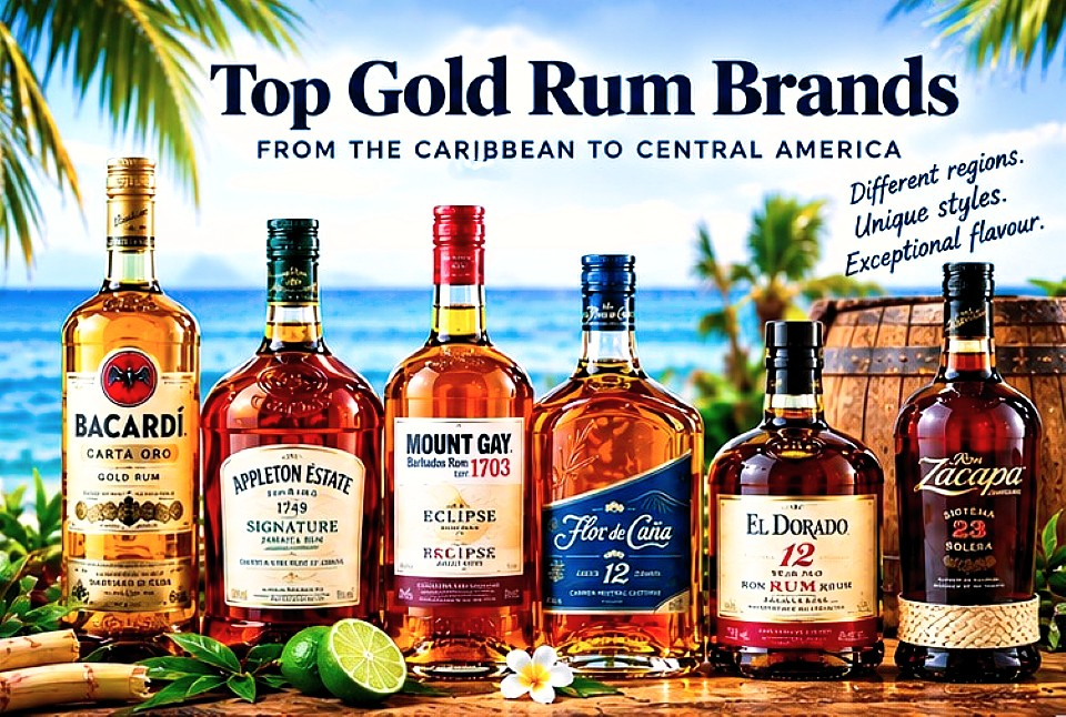 Gold and aged rum bottles representing Caribbean and Central American rum styles, including BACARDÍ, Appleton Estate, Mount Gay, Flor de Caña, El Dorado, and Zacapa.