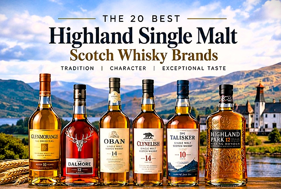 A selection of Highland single malt Scotch whisky bottles representing different distilleries and whisky styles.